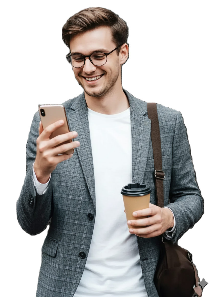 A young man using his mobile to sign up with brokerdemo - a global online trading broker